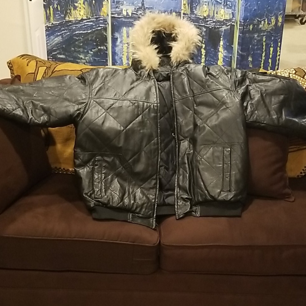 Mens Leather Hooded Bomber Jacket